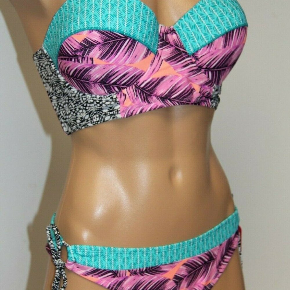 NWT Hula Honey Swimsuit Bikini Tank 2pc set Sz L Push up underwire Tie S…